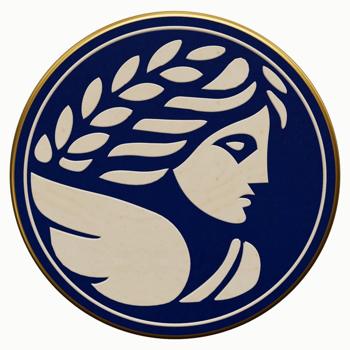 The Metis mark struck as a coin: a winged goddess in profile wearing a laurel crown, in ivory relief on navy with a gold rim