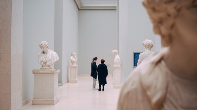 A museum gallery lined with classical marble busts